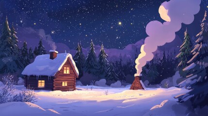 Fototapeta premium Cozy Cabin in Snowy Forest with Gentle Smoke