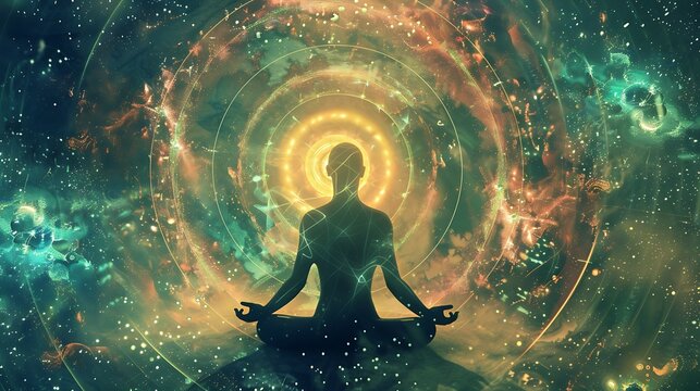 The image is a depiction of a person meditating in a state of inner peace and harmony.