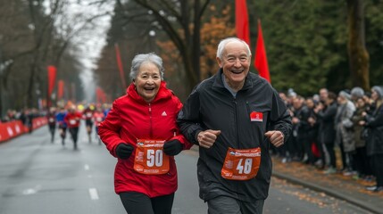 elderly couple in running clothes running down a street with people watching and cheering on a sunny day, marathon style