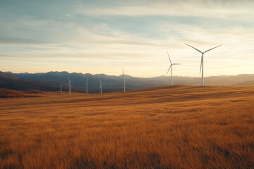 Wind turbines in a golden field with mountains in the background at sunset
