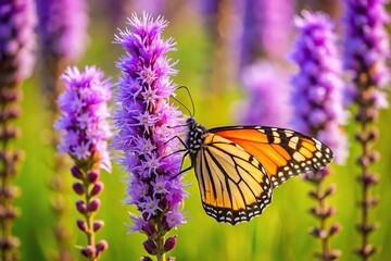 Obraz premium monarch butterfly pollinating purple prairie blazing star flower in garden macro