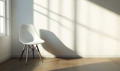 Une chaise blanche contre un mur vide, avec la lumi&egrave;re de la fen&ecirc;tre cr&eacute;ant des ombres nettes et des reflets sur un plancher en bois.
