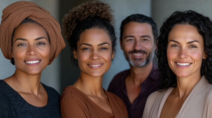 Obraz premium A group portrait of five friendly office colleagues of different ethnicities, arranged in a line, smiling and making eye contact with the camera. The image captures their approacha