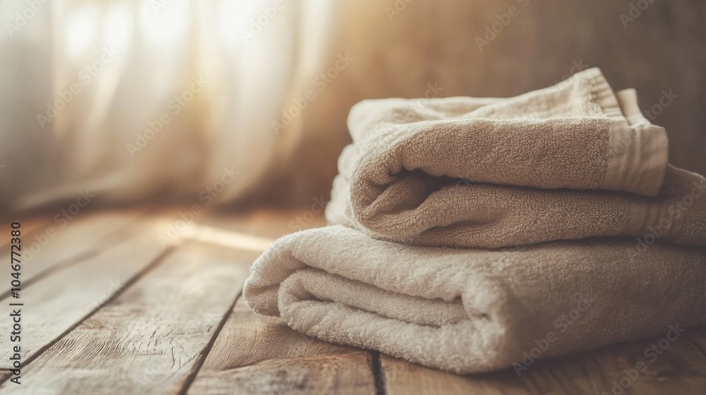 Aufkleber folded towels rest on a wooden surface, glowing warmly from sunlight filtering through nearby curtai