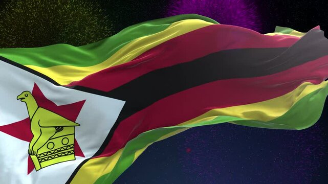 Zimbabwe flag - Waving flag on celebrating fireworks for national holiday day. Ceremony for patriotic celebration of nation 