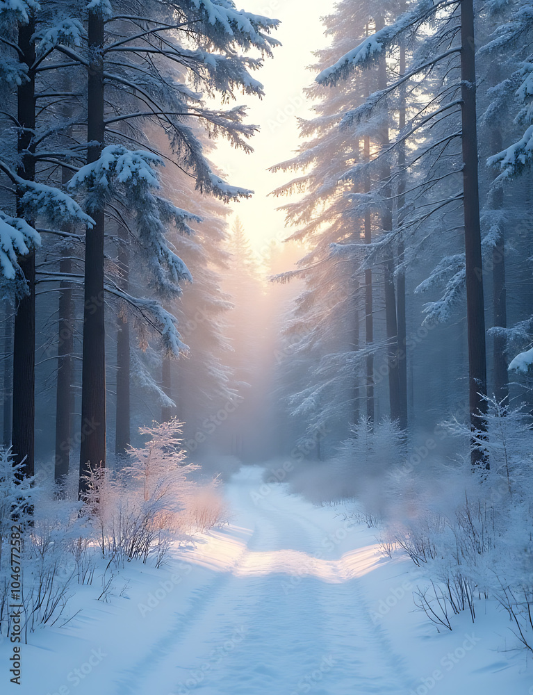 Aufkleber snowy forest scene with abstract shiny light backdrop creates a serene atmosphere with natural beaut