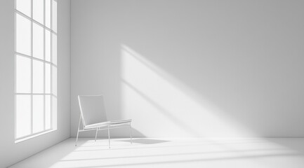 Fototapeta premium Pièce d'habitation vide minimaliste avec mur blanc une chaise et lumière du soleil traversant la fenêtre.