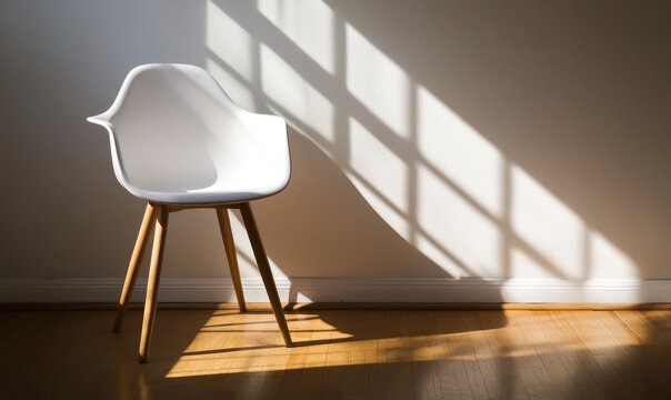 Une chaise blanche contre un mur vide, avec la lumi&egrave;re de la fen&ecirc;tre cr&eacute;ant des ombres nettes et des reflets sur un plancher en bois.