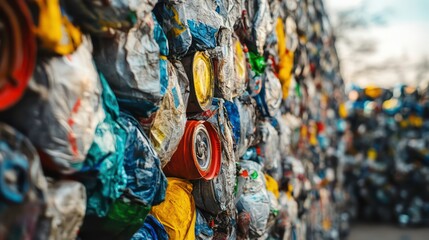 A wall of plastic bottles and cans, a mountain of recycled materials, a colorful and textured surface.