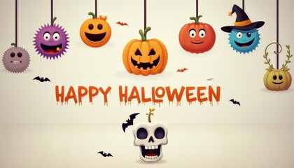Fototapeta premium illustration of Halloween decorations with pumpkins and monster faces on a light yellow color background