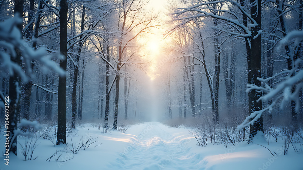 Aufkleber Snowy forest scene with abstract shiny light backdrop creates a serene atmosphere with natural beauty and visual interest combined perfectly.