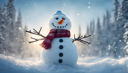 Obraz premium Happy snowman standing outside on a winters day. Concept of winter, snow and childhood. Shallow field. generative ai.