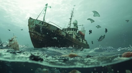 Abandoned Ship in Polluted Sea Environment