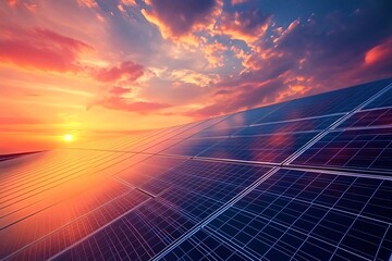 Solar panels are lined up in a solar power plant, collecting energy from the setting sun. The sky is a beautiful mix of orange, pink, and blue
