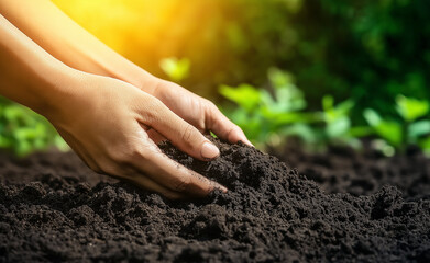 Hands holding rich soil with young plants in the background, symbolizing growth and sustainable agriculture.