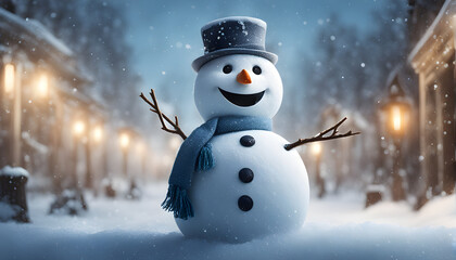 Obraz premium Happy snowman standing outside on a winters day. Concept of winter, snow and childhood. Shallow field. generative ai.