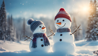 Obraz premium Happy snowman standing outside on a winters day. Concept of winter, snow and childhood. Shallow field. generative ai.