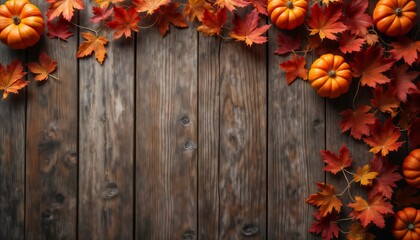 Halloween decorations with pumpkins on the background of a wooden wall, autumn season