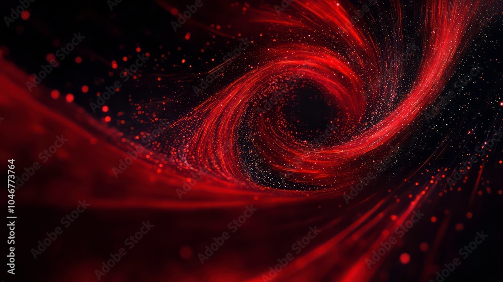 Poster Abstract swirling red and black background with glittering particles.