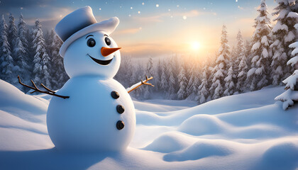 Obraz premium Happy snowman standing outside on a winters day. Concept of winter, snow and childhood. Shallow field. generative ai.