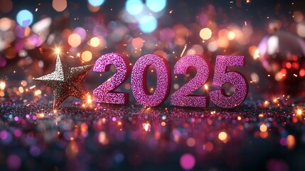 Testo "2025" in rosa scintillante, delicati effetti di luce e riflessi: Biglietto per auguri di Buon Anno elegante e moderno