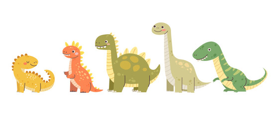 Cute dinosaur babies on white background. Green, yellow and orange dinosaur, isolated ancient reptiles. Vector characters © Sonika