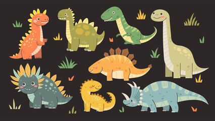 Cute dinosaurs set. Collection of dinosaurs and tropical leaves for kids on white background. Vector elements