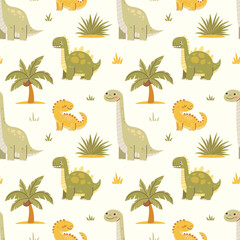 Seamless pattern with green and yellow dinosaurs. Fabric swatch with dinosaurs and palm trees for kids. Vector ornament