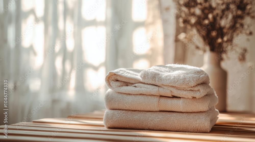 Leinwandbilder freshly laundered white towels are stacked on a wooden table, illuminated by soft afternoon sunlight
