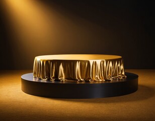 Podium gold fabric product background 3d luxury golden stage silk cloth abstract display. Fabric gold elegant premium podium platform beauty studio pedestal scene light design stand presentation black