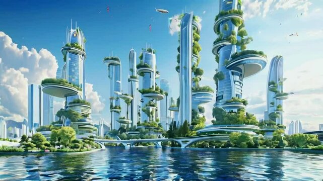 Futuristic cityscape with green architecture and waterways under a bright blue sky.