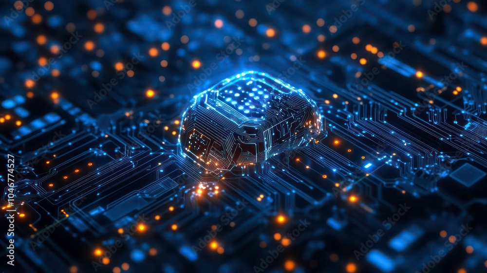 Poster a futuristic chip, a symbol of technology and innovation, is placed on a circuit board, glowing with