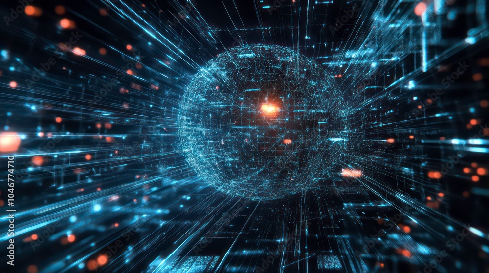 Poster a digital sphere, constructed of glowing blue lines, floats in a field of data, surrounded by streak