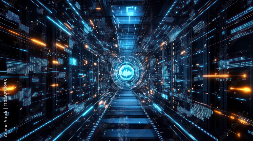 Poster Abstract futuristic tunnel with glowing blue and orange lights and a digital portal at the end.