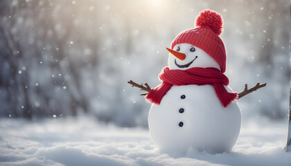 Fototapeta premium Happy snowman standing outside on a winters day. Concept of winter, snow and childhood. Shallow field. generative ai.