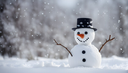 Fototapeta premium Happy snowman standing outside on a winters day. Concept of winter, snow and childhood. Shallow field. generative ai.