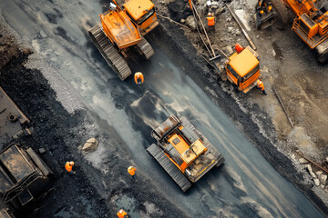 A high-angle shot of construction workers building a road, with heavy machinery and layers of asphalt being laid.