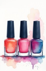 Multicolored nail polish, splashes of nail polish on a bright purple background. Advertising of designer cosmetics. Multicolored bottles of nail polish on a background of liquid splashes. Print