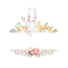 Cute white Easter bunny, yellow chick, painted eggs hand drawn watercolor illustration