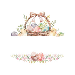 Easter wicker basket, chickens, painted eggs and spring branches and leaves watercolor card template