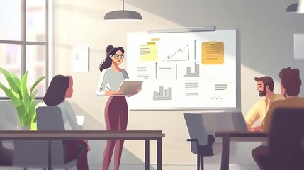 A professional meeting with a woman presenting data to colleagues in a modern office setting.