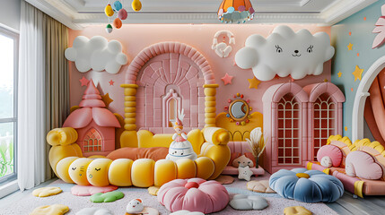 Princess theme. Creative and bright eco design of a children's room. Bright fantasy wallpaper on the wall of children's room