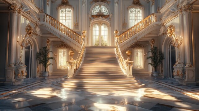 Elegant chateau with a grand staircase.
