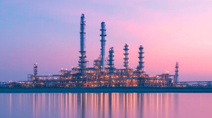 Obraz premium Illuminated oil refinery at dusk a stunning blend of industrial architecture and natural beauty reflecting on water