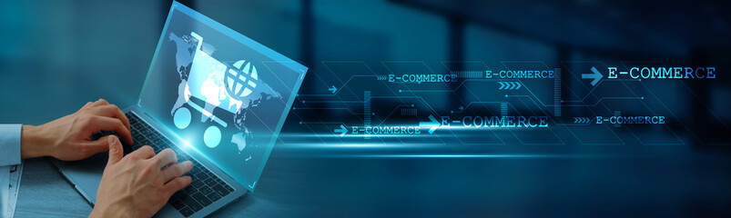 Hand holding a laptop with a global network connection, e-commerce platforms, online transactions,...