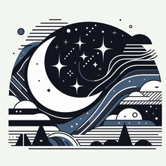 Stylized night sky with moon and stars above abstract landscape
