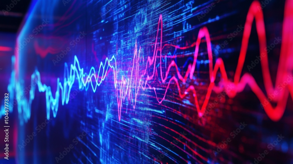 Fototapete a vibrant digital visualization of waveforms in red and blue, representing sound or data dynamics.
