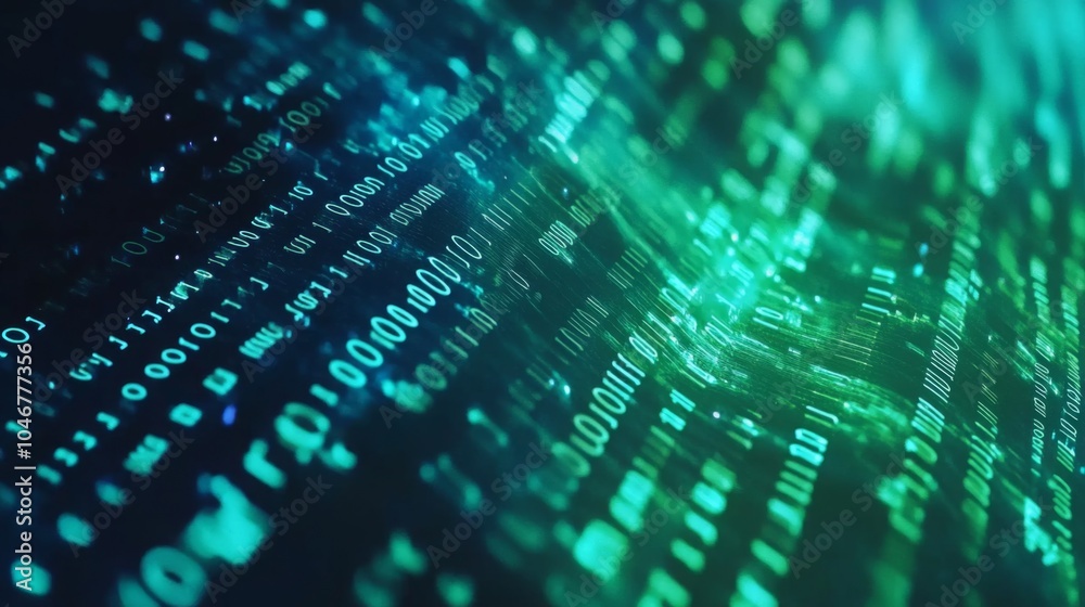 Poster a digital abstraction featuring flowing streams of binary code in green and blue hues, representing 