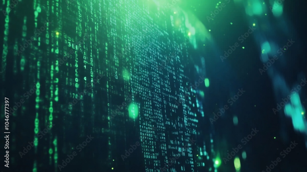 Poster a dynamic visualization of digital data, featuring glowing green binary code cascading through a dar