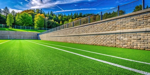 Obraz premium retaining wall alongside green synthetic turf athletic field